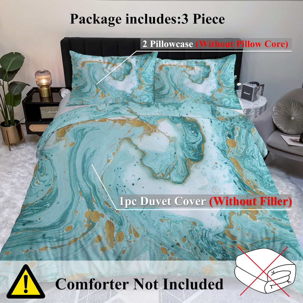 Chic Girly Marble Duvet Cover Mint Gold Glitter Turquoise Bedding Comforter Set Abstract Aqua Teel Blue Duvet Cover - Image 2