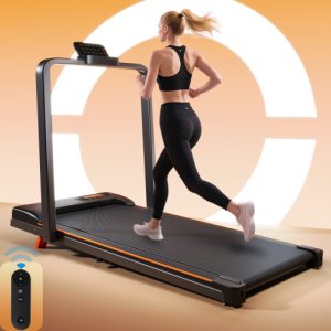 Folding Treadmill With Handrail & Adjustable Incline, 1-10 Km H Running Machine, Space Saving Low Noise Design, LED Display, Phone Holder, Remote Control, Transport Wheels  Plug, Pink.