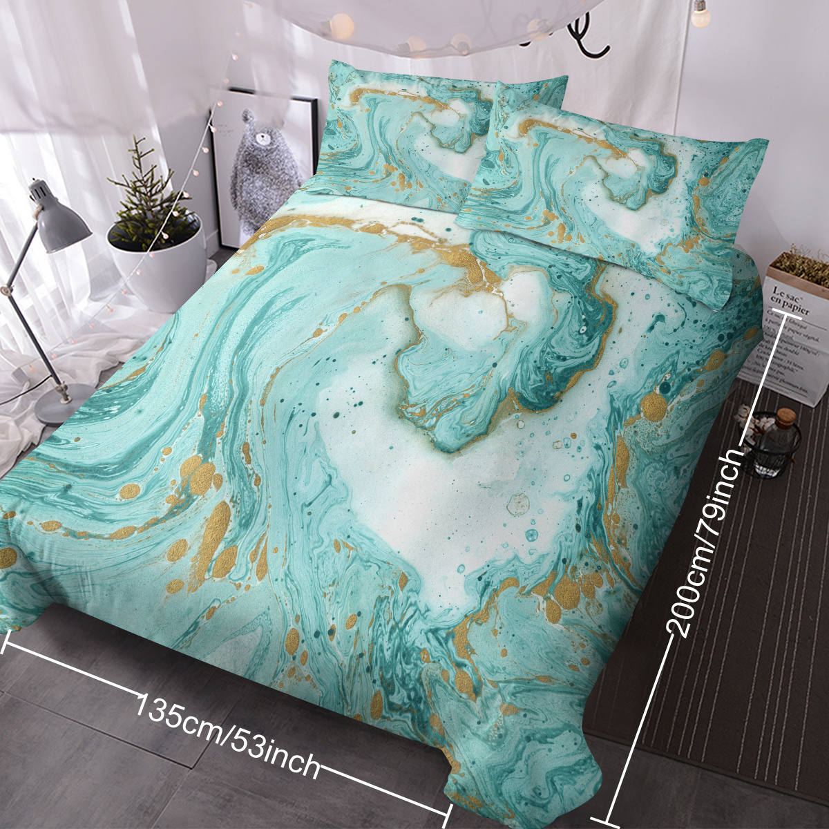 Chic Girly Marble Duvet Cover Mint Gold Glitter Turquoise Bedding Comforter Set Abstract Aqua Teel Blue Duvet Cover - Image 5